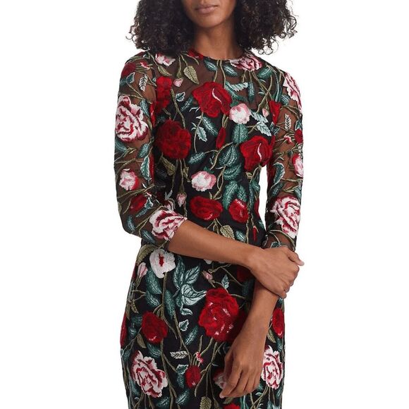 NWT TERI JON Floral-embroidered Illusion Midi-dress In Black Multi US18 $650 - Picture 3 of 11